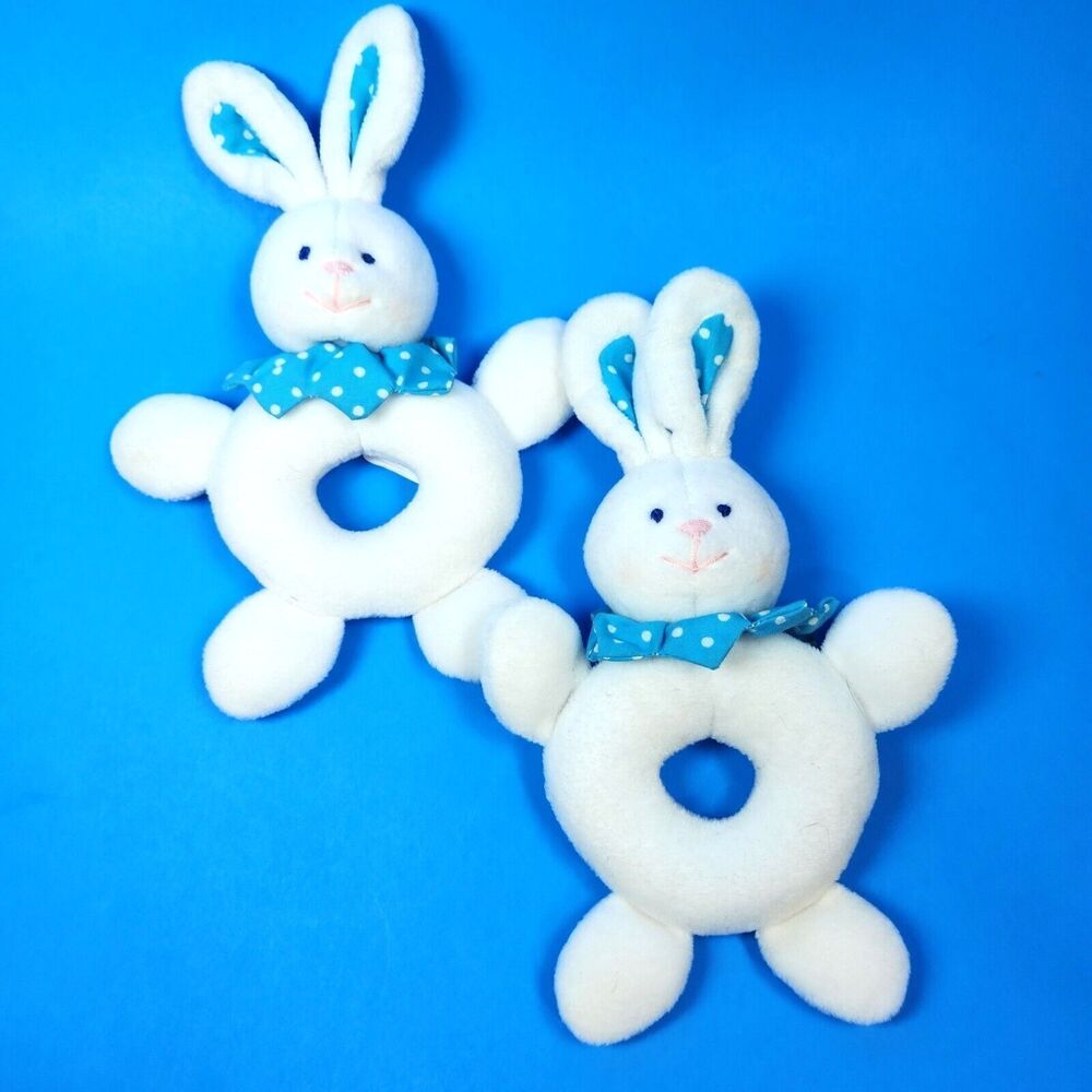 Vintage  Bunny Ring Baby Rattle Plush Papel Giftware Lovey White Rabbit 2 Lot